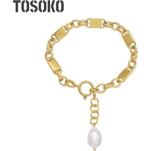 TOSOKO Stainless Steel Jewelry Square Chain Splicing Bracelet Tassel Natural Freshwater Pearl Fashion Bracelet For Women BSE275