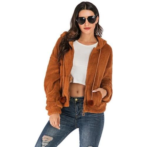 2019 autumn and winter womens European and American casual fleece coat female solid color loose hooded coat