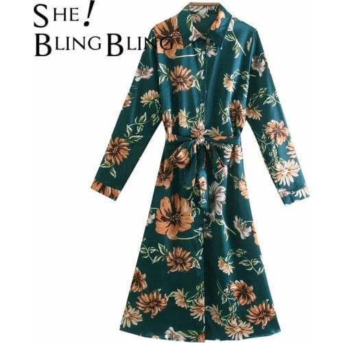 SheBlingBling Za Woman 2021 Traf Floral Dress Summer Long Sleeve Drop Shoulder Belted Casual Shirt Midi A-Line Satin Long Dress