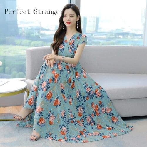 High Quality 2021 Summer Dress For Women V Collar Floral Printed Short Sleeve Women Chiffon Long Dress
