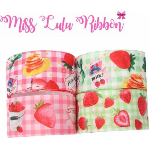 16mm-75mm Strawberry Series Cake Milk Geometric Check Printed Grosgrain/Elastic Ribbon DIY Hair Bowknot Party Decor 50yards/roll