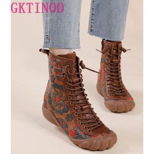 GKTINOO New Vintage Mother Flat Genuine Leather Ankle Boot for Women Cowhide Lace-Up Winter Warm Shoes Woman Platform Snow Boots