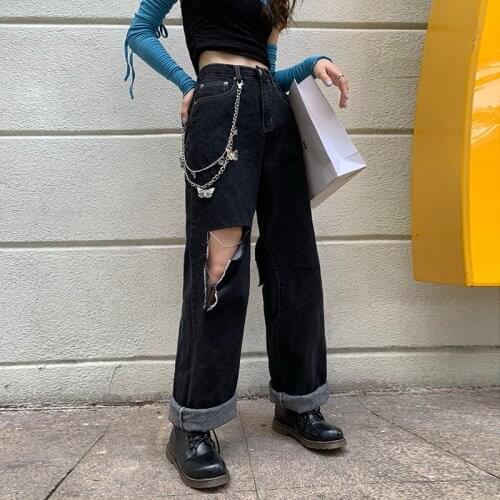 Streetwear Gothic Ripped Jeans Pants Women With Punk Chain High Waist Fashion Wide Leg Hole Cowboy Trousers Black Stitched Pants