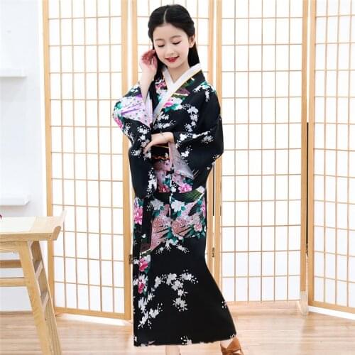 Child Dance Costumes Cosplay Floaral Dress Japanese Baby Girl Kimono Dress Children Vintage Yukata Kid Girl black new