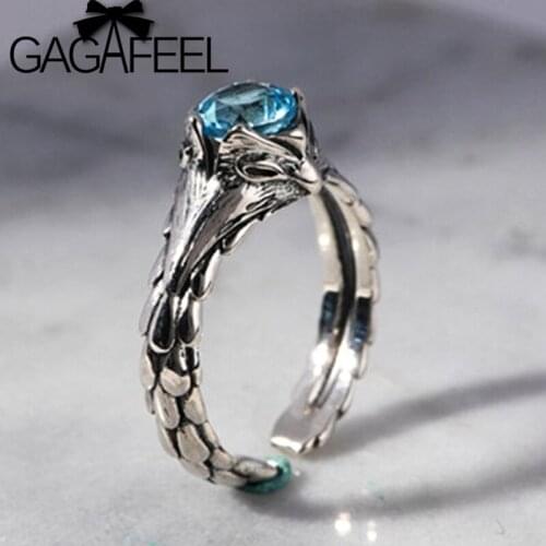 GAGAFEEL Real 925 Sterling Silver Vintage Eagle Head Ring Womens Literary Fashion Topaz Open Adjustable Ring Fine Jewelry Gifts