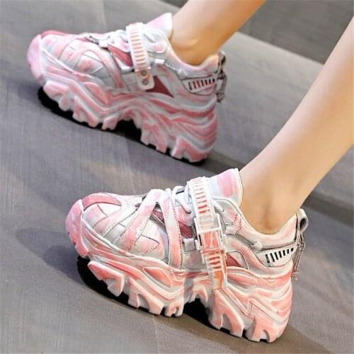 Fashion Sneakers Women Genuine Leather Platform Ankle Boots Lace Up Punk Goth High Heel Oxfords Punk Creeper Shoes 34 -39