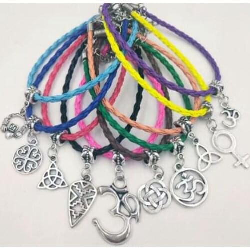 50pcs Fashion Kabbalah Irish Claddagh Om yoga zen 3D Triangle knot Arrows Female Symbol Charms Lucky Bracelet Protection Women