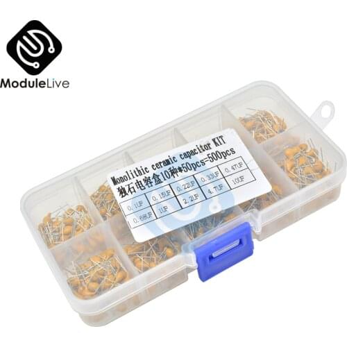 500pcs/lot Multilayer Ceramic Capacitor Assortment Kit 10Values*50pcs 0.1uF 0.2uF 0.47uF 0.68uF 10uF 50V Ceramic Capacitors Tool