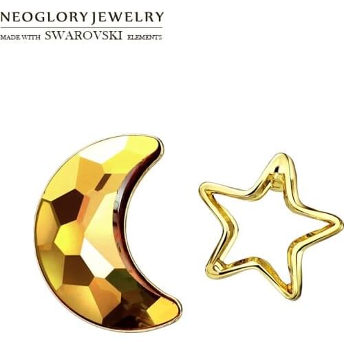 Neoglory Austria Crystal Stud Earrings Exquisite Moon & Star Design Light Yellow Gold Color Trendy For Women Romantic Holiday