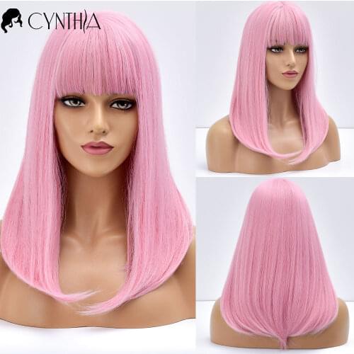 Pink Color Long Straight Ombre Daily Natural Synthetic Wig With Bangs For Black White Women Heat Resistant Cosplay Hair Wigs