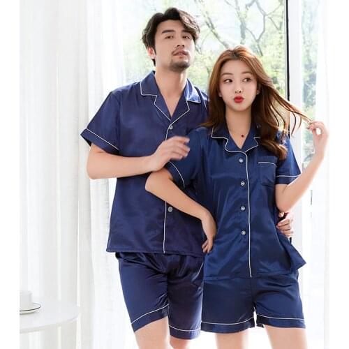 Men Women Sexy Satin Elegant Autumn Lovers Pijiama Silk Kimono Summer Solid Pyjamas Gown Two Piece Navy Pajamas Sets Sleepwear