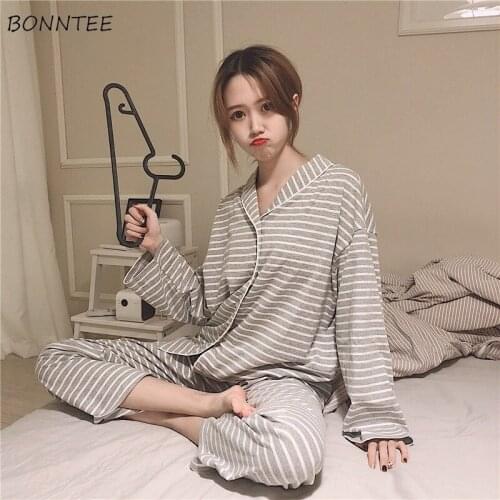 Pajama Sets Women Striped Loose 2 Piece Spring Korean Style Leisure Homewear Ladies Sleepwear Fashion Simple Newest Kawaii Daily