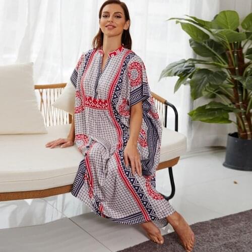 Indigo Print Kaftan Dress For Women 2011 Trendy Home Loungewear Maxi Dress Bohemia Batwing Sleeve Elastic Waist Abaya NightyGown