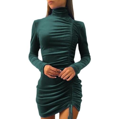 Sexy Bodycon Dress Elegant Women Long Sleeve Drawstring Turtleneck Autumn Winter 2021 Women Slim Solid Color Mini Dress vestidos