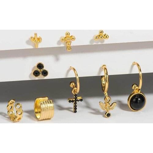 Vintage Mix Design Gold Color Alloy Cross Earrings for Women Bohemia Circles Piercing Ear Studs Cuff Earring Set