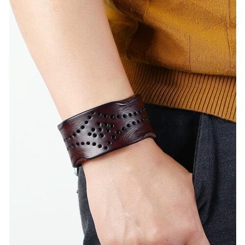 Vintage Wide Genuine Leather Bracelet for Men Fashion Handmade Wristband Wrap Bracelets Male Homme Jewelry