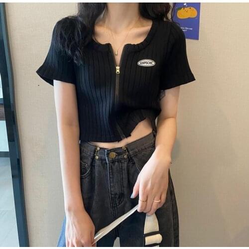 Womens t-shirts Sexy black short knitted T-shirt womens spring and summer 2021 zipper Short Sleeve T-Shirts Y2K Tops футболки