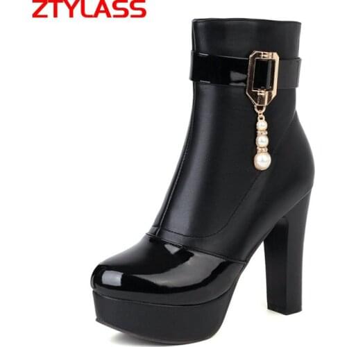 Spring Autumn Black Women Boots Fashion Crystal Platform Ankle Boots Square High Heel Booties Zipper Woman Shoes Big Size 42 43