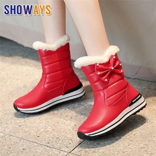 2020 Winter Women Warm Fur Snow Boots Red Pink Black Casual Travel Outdoor Lolita Girls Bowtie Wedge Platform Flat Short Boots