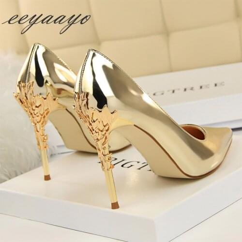 2019 New Spring/Autumn Women Pumps High Thin Heels Pointed Toe Metal Decoration Sexy Evening Party Women Shoes Gold High Heel