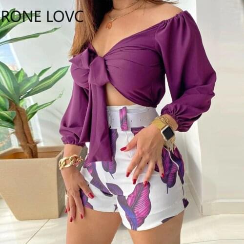 Spring V Neck Floral Print Tie Front Crop Top & Leaves Print Shorts Set Women Sets 2 Piece Set