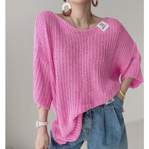 Korean Chic Summer French Gentle Style Temperament Labeling V-Neck Loose Wild Half-Sleeved Sweater Top Women