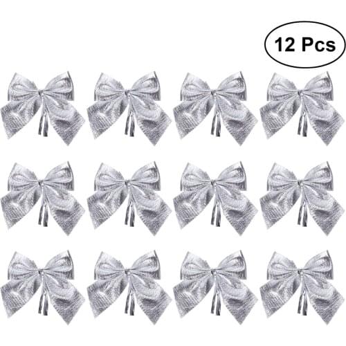 12pcs Glitter Bowknots Christmas Tree Ornaments Pendant Xmas Hanging Decor Adornments Holiday Home Party Supplies (Silver) A20
