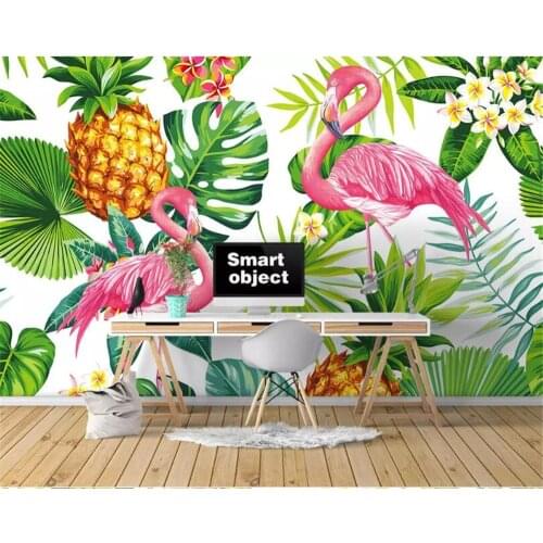 Beibehang Custom 3d wallpaper mural Nordic hand-painted tropical plants flamingo TV sofa bedroom wall wallpaper for walls 3 d