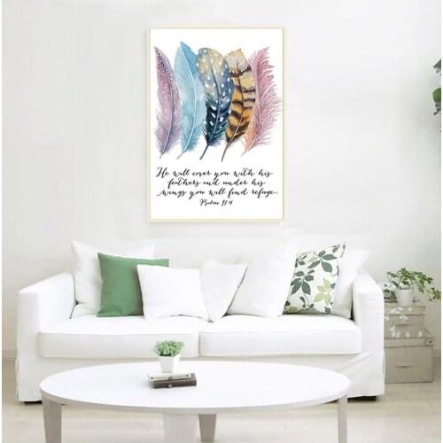 Abstract Quotes Art Home Decor Wall Picture Bible Verse Psalm 91:4 Poster Canvas Print Painting Bird Feather Scripture Christian