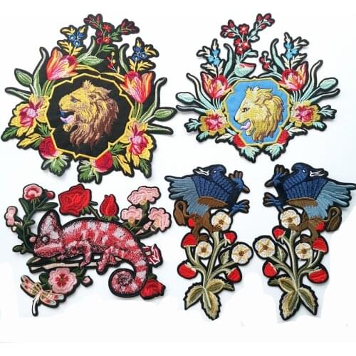 Large embroidery big flower lion patch,animal cartoon flowers badges,birds appliques patches for clothing FD-3078