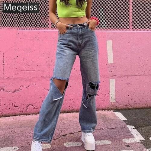 Meqeiss Autumn Winter Harajuku Hollow Denim pants Womens 2020 hot pure leisure loose Slim Flare Pants mujer Hip hop Denim pants