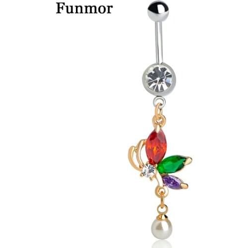 Funmor Exquisite Butterfly Shape Navel Button Rings Crystal Body Jewelry Women Girls Summer Club Bikini Decoration Accessories