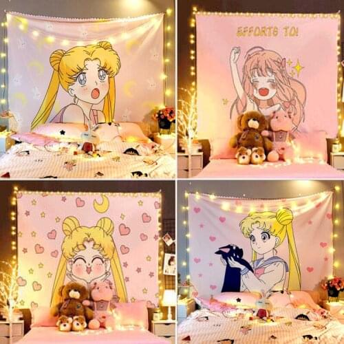Anime Dorm Room Essentials Tapestry Kawaii Cute Girls Bedroom Decor Wall Hanging Pink Tapestry Japanese Tapestries Hot Boho