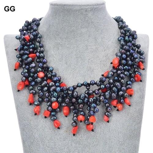 GuaiGuai Jewelry 17" 4 Strands Natuarl Black Rice Pearl Pink Orange Coral Necklace For Women