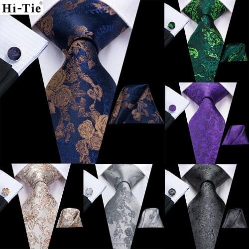 Hi-Tie Navy Blue Grey Floral Mens Silk Wedding Tie For Men Hanky Cufflink Gift Tie Set Business Party Dropshipping New Designer