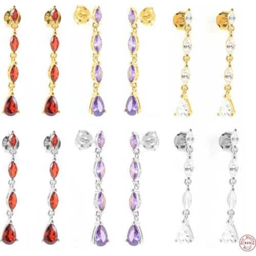 Fine Jewerly Red/White/Purple Waterdrop Drop Earrings For Women Girls 925 Sterling Silver Rainbow Crystal Tassel Dangle Earring