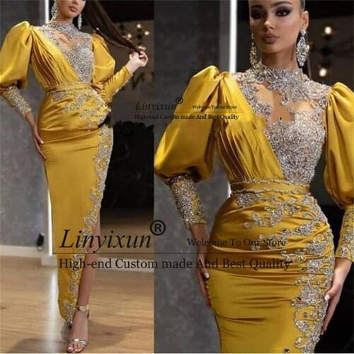 New Arabic Bling Prom Dresses Sparkly Crystal Beaded High Neck Long Sleeve Sexy Yellow Side Split Ankle length Evening Gowns