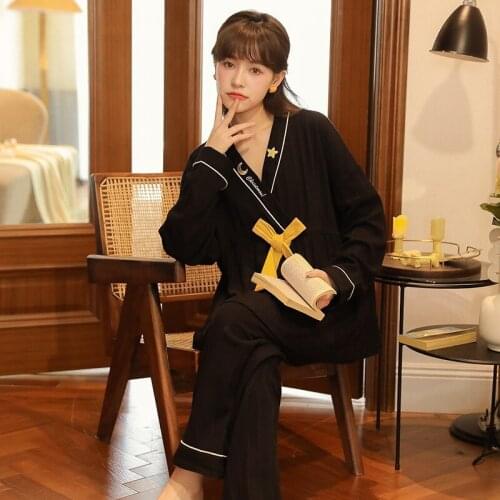 New Design Pyjamas Sets Women Long Sleeve Cotton Pijama Mujer Korean Sleepwear Girl V-neck Bowknot Pajamas Suit Homewear XXL