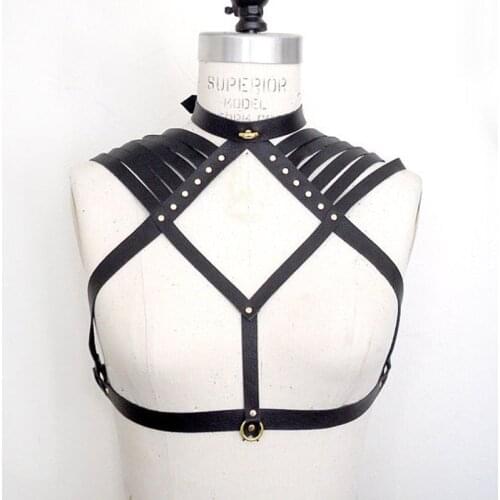 New Design Faux Leather Adult Pole Dance Harness Cage Bra Sexy Lingerie Wear Bondage Harness Bustier Bandage Goth Lingerie