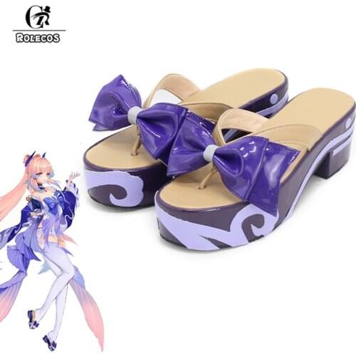 ROLECOS Kokomi Cosplay Shoes Game Genshin Impact Sangonomiya Kokomi Cosplay Shoes Women Wooden Geta Clogs Shoes High Heels Bow