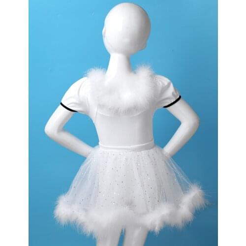 Kids Girls Christmas Dance Costume Feather Trim Puff Sleeves Buttons Figure Skating Twirling Mesh Leotard Princess Dress