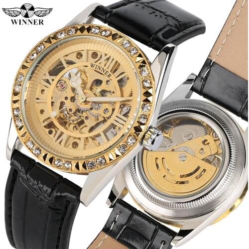 Luxury Skeleton Dial Automatic-self-winding Watch for Women Golden Mechanical Watch for Ladies Water Diamonds Leather Band Watch