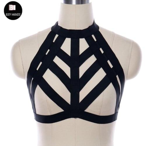 Sexy Women Black Harness Cage Bra 90s Elastic Body Harness Crop Top Goth Rave Pole Dance Adjustable Body Stocking Bustier