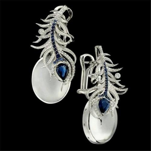 2019 Vintage Silver Brincos Moonstone Blue Stud Earring Silver Feather Big Stone Earrings for Women Fashion Jewelry Dropshipping
