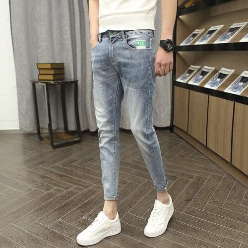 Spring Autumn 2021 students street denim jeans mens slim feet Korean youth thin stretch all-match casual teen pencil pants