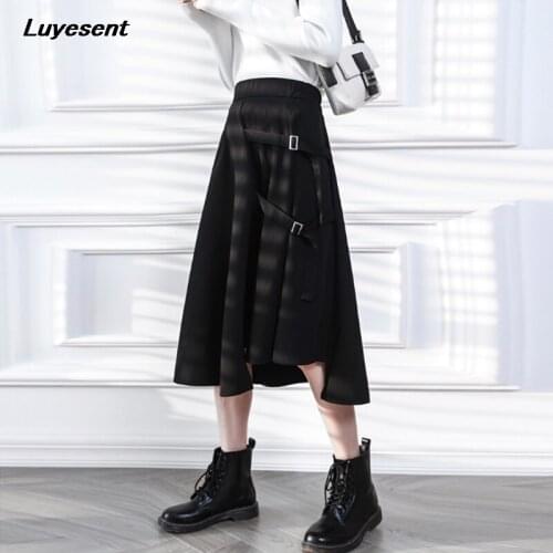 Black Gothic Punk Girl Street Long Skirt Summer High Waist Strap Buckle Lady Pleated Harajuku Skirts Cool Korean Fashion Clothes