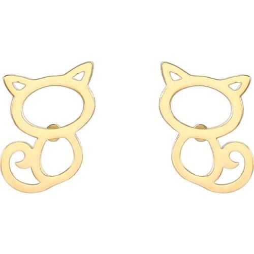 RIR Gold Silver Rose Gold Cute Cat Small Stud Earrings for Women In Stainless Steel Lovely Ear Jewelry Simple Design