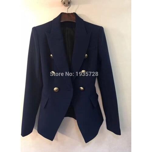 ElfStyle Navy Double Breasted Blazers Gold Buttoned UP Long Sleeved Cuffs Buttoned Chest Pockets Luxury Designers Woman COAT