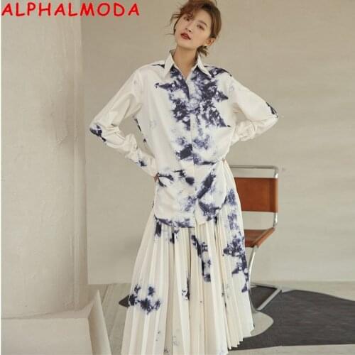 ALPHALMODA Ink Painting Tie Dyeing Printing Long-sleeved Trendy Shirt + Pleated High Waist Skirt Women 2pcs Fashion Suit