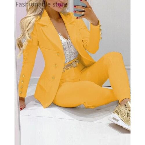 Women Blazer Suits Long Sleeve Double Breasted Blazer Pants Set Office Ladies Two-piece Blazer Sets